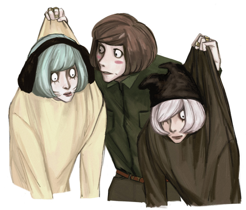 3boys, absurdres, animal_ear_headwear, beanie, belt, black_eyes, black_headwear, black_sweater, blue_hair, blush_stickers, bob_cut, brown_hair, closed_mouth, clothes_grab, collared_shirt, constricted_pupils, cropped_torso, dress_shirt, facial_mark, fake_whiskers, green_shirt, hair_over_one_eye, hat, highres, hokou_(hokou_2), jewelry, lifting_person, long_sleeves, looking_ahead, looking_at_another, luther_von_ivory, male_focus, multiple_boys, multiple_rings, nyen_(randal's_friends), nyon_(randal's_friends), one_eye_covered, parted_lips, randal's_friends, ring, shirt, shirt_tucked_in, short_hair, simple_background, sweater, tongue, tongue_out, white_hair, wide-eyed, yellow_sweater