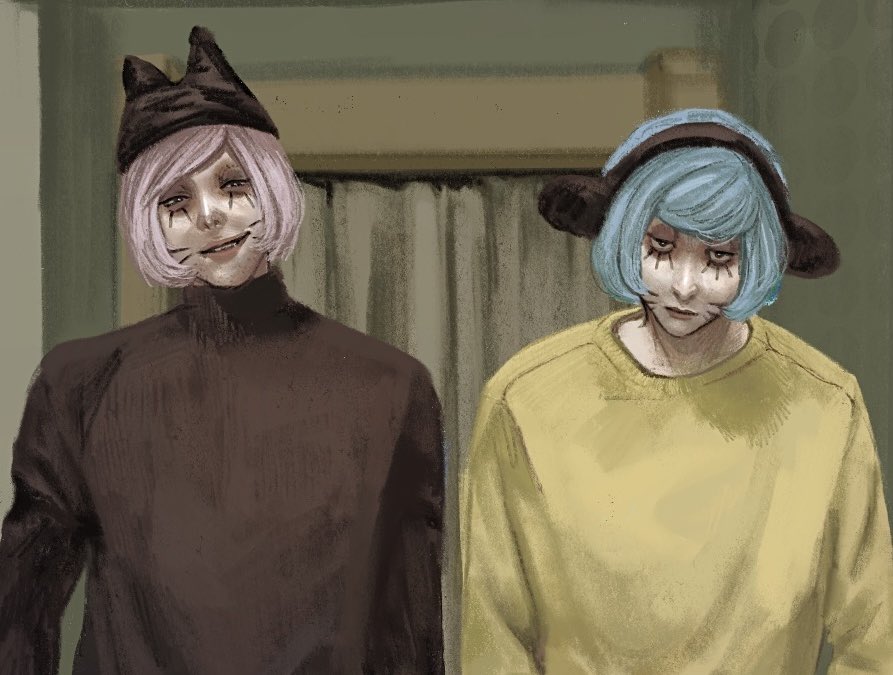 2boys, animal_ear_hairband, animal_ear_headwear, animal_ears, bags_under_eyes, beanie, black_eyes, black_sweater, blue_hair, bob_cut, closed_mouth, cropped, curtains, expressionless, facial_mark, fake_animal_ears, fangs, hairband, half-closed_eyes, hallway, hat, head_tilt, hokou_(hokou_2), indoors, long_sleeves, looking_at_viewer, male_focus, multiple_boys, nyen_(randal's_friends), nyon_(randal's_friends), parody, pink_hair, randal's_friends, scene_reference, side-by-side, smirk, standing, sweater, swept_bangs, the_shining, turtleneck, turtleneck_sweater, upper_body, whiskers, yellow_sweater