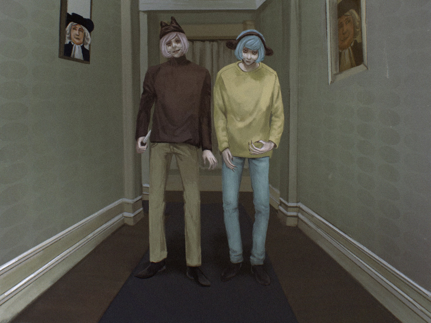 2boys, animal_ear_hairband, animal_ear_headwear, animal_ears, beanie, black_eyes, black_footwear, black_headwear