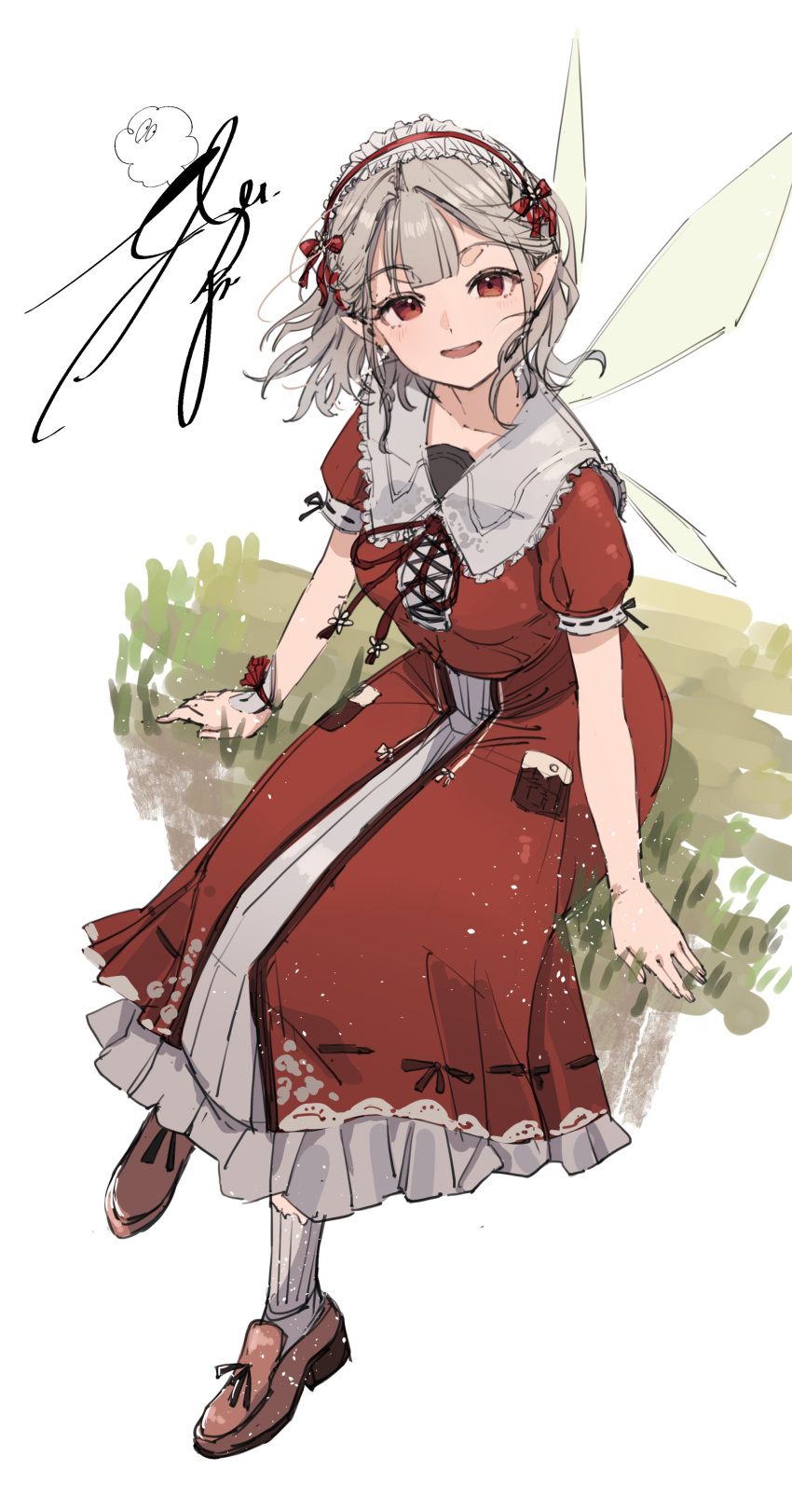 1girl, absurdres, brown_footwear, butterfly_wings, dress, elu_(8th_costume)_(nijisanji), elu_(nijisanji), frilled_dress
