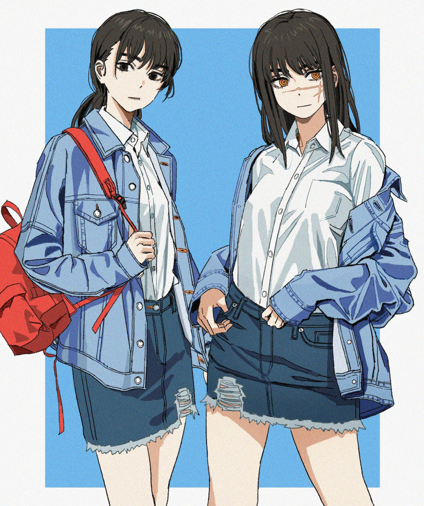 2girls, absurdres, backpack, bag, black_hair, chainsaw_man, cutoffs, denim