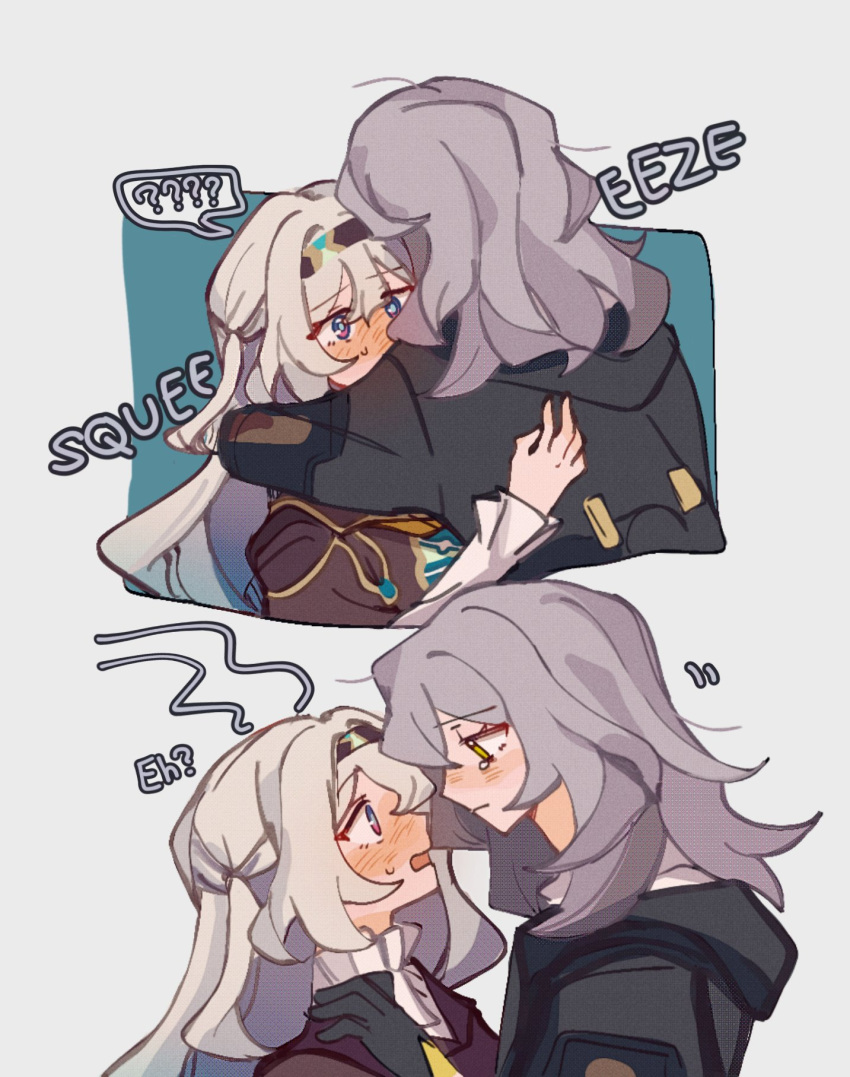 2girls, ?, black_gloves, black_jacket, blue_eyes, blush, brown_hairband, firefly_(honkai:_star_rail)