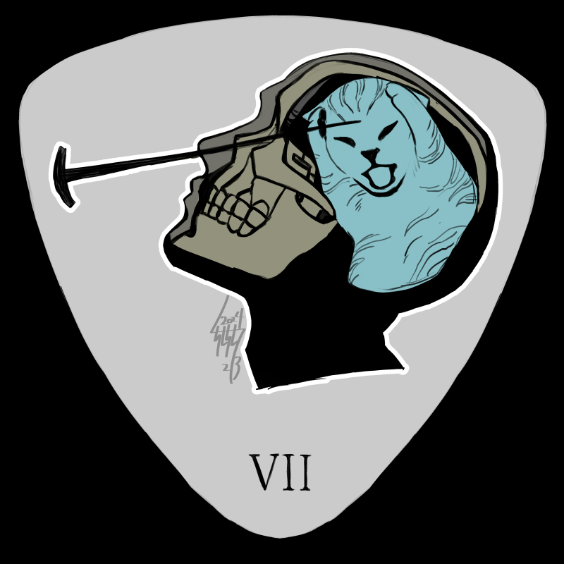 1other, armored_core, armored_core_6, black_border, border, cat, cat_covering_ears_(meme), commentary, cropped_head, dated, grey_background, head_back, limited_palette, lobotomy, meme, nail, parody, patch, profile, signature, simple_background, skull, stab, symbol-only_commentary, tsunetaka_rakurai, v.vii_swinburne, x-ray