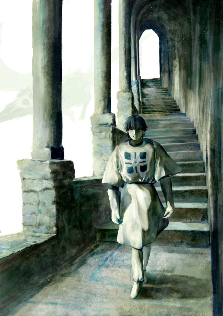 1boy, absurdres, black_eyes, black_hair, boots, brick_wall, clenched_teeth, commentary