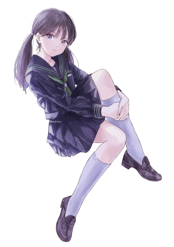1girl, black_footwear, black_hair, black_sailor_collar, black_serafuku, black_skirt, closed_mouth, floating