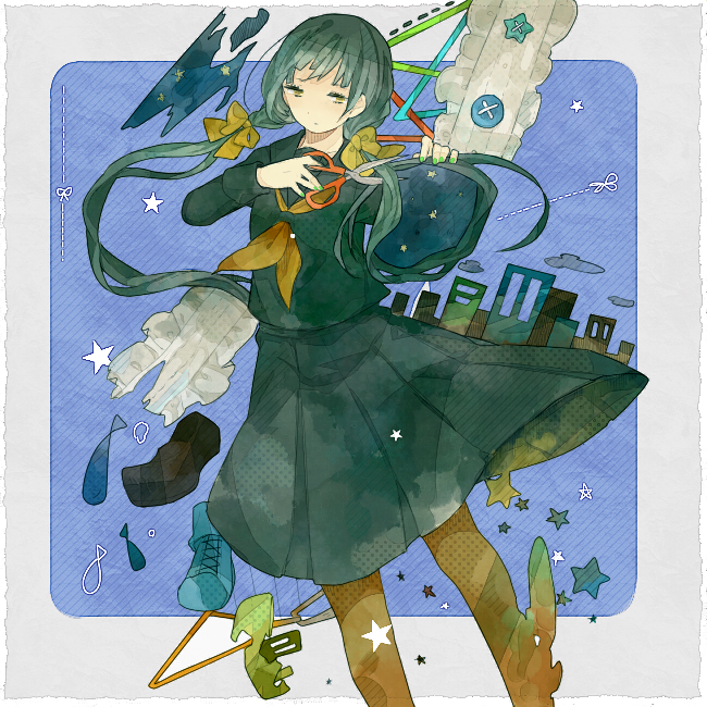 1girl, black_shirt, black_skirt, border, bow, brown_pantyhose, buttons, closed_mouth