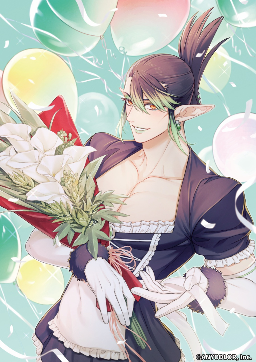 1boy, apron, balloon, black_dress, black_hair, blue_eyeshadow, bouquet, confetti, copyright_name, crossdressing, detached_sleeves, dress, earrings, eyeshadow, flower, frilled_sleeves, frills, fur_trim, gradient_background, gradient_hair, green_hair, green_lips, grin, hanabatake_chaika, hanabatake_chaika_(1st_costume), highres, holding, holding_bouquet, jewelry, lipstick, looking_at_viewer, maid, makeup, male_focus, multicolored_hair, nijisanji, official_art, orange_eyes, pointy_ears, puffy_short_sleeves, puffy_sleeves, shippaiderman, short_sleeves, single_earring, smile, solo, streamers, teeth, virtual_youtuber, white_apron, white_flower, white_sleeves
