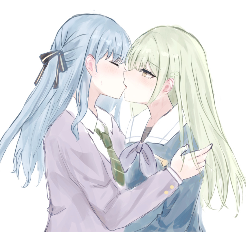 2girls, bang_dream!, bang_dream!_it's_mygo!!!!!, black_ribbon, blue_hair, blue_shirt, blush, closed_eyes