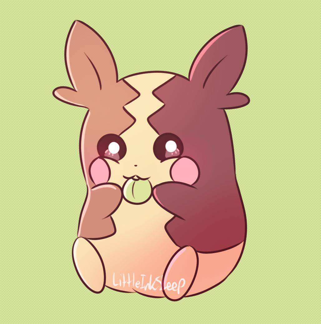 1other, berry_(pokemon), black_eyes, eating, full_body, green_background, littleinksheep, looking_at_viewer