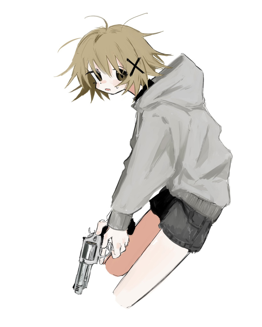 1girl, ahoge, alternate_costume, black_eyes, black_shorts, brown_hair, cropped_legs, from_side