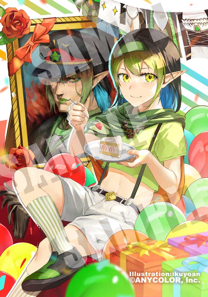 2boys, alternate_costume, artist_name, balloon, banner, belt, black_belt, black_footwear, black_hair, blue_hair, box, cake, cake_slice, cape, colored_inner_hair, confetti, copyright_name, crop_top, ear_piercing, flower, food, fork, frills, fruit, gift, gift_box, green_cape, green_eyes, green_hair, green_lips, green_shirt, hanabatake_chaika, hanabatake_chaika_(1st_costume), hanabatake_chaika_(2nd_costume), hanabatake_chaika_(3rd_costume), hanabatake_chaika_(4th_costume), hanabatake_chaika_(5th_costume), hanabatake_chaika_(6th_costume), hanabatake_chaika_(young), holding, holding_fork, holding_plate, ikuyoan, looking_at_viewer, military_uniform, mole, mole_under_mouth, multicolored_hair, multiple_boys, navel, necktie, nijisanji, official_alternate_costume, official_art, orange_necktie, piercing, pinecone, plate, red_ribbon, ribbon, rose, sample_watermark, shirt, short_sleeves, shorts, smile, socks, sparkle, stomach, strawberry, striped_clothes, striped_socks, uniform, vertical-striped_clothes, vertical-striped_socks, virtual_youtuber, watermark, white_shorts