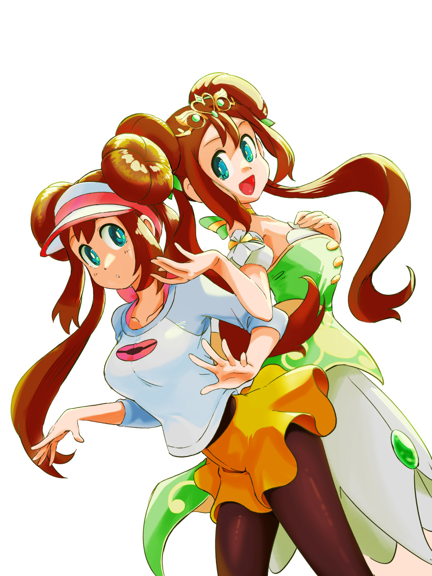 2girls, absurdres, black_pantyhose, blue_eyes, breasts, brown_hair, double_bun, doughnut_hair_bun
