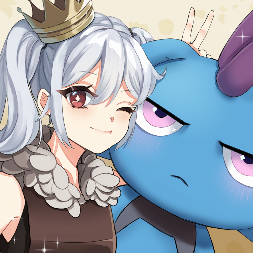 1girl, ;), bunny_ears_prank, closed_mouth, crown, depresso, diamond-shaped_pupils, diamond_(shape), eyes_visible_through_hair, fuityui, fur_collar, grey_hair, hair_between_eyes, hand_up, mini_crown, one_eye_closed, pal_(creature), palworld, player_character_(palworld), red_eyes, short_hair, smile, sparkle, symbol-shaped_pupils, twintails, v