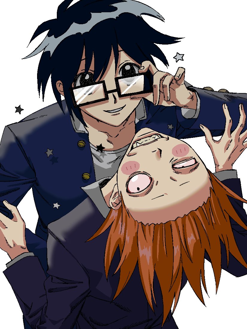 2boys, adjusting_eyewear, bespectacled, black_eyes, black_hair, black_jacket, blue_jacket, blush_stickers