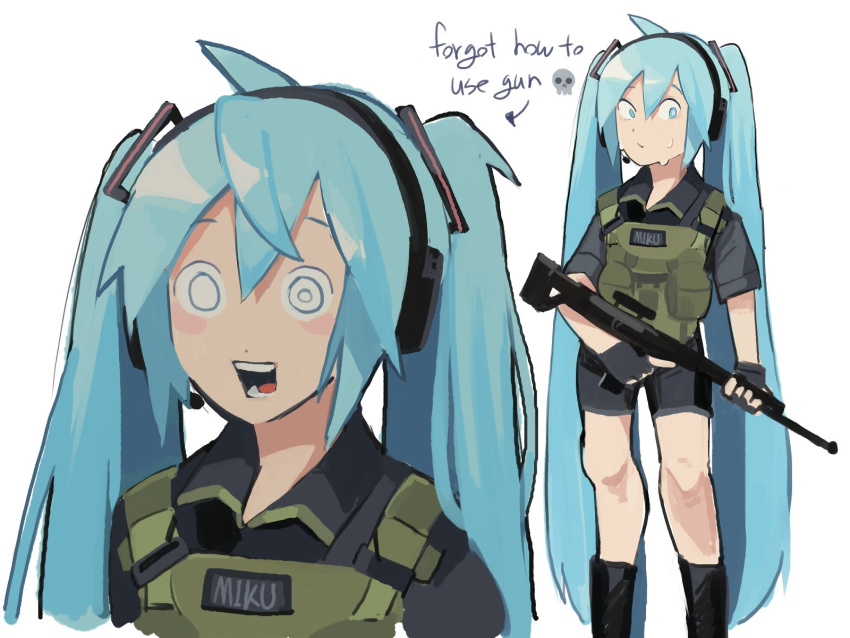 1girl, alternate_costume, aqua_eyes, aqua_hair, assault_rifle, black_footwear, black_shirt, black_shorts