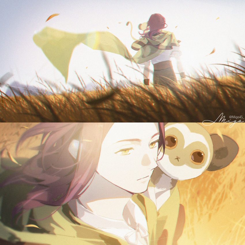 1boy, absurdres, animal_on_shoulder, black_pants, brown_hair, cape, closed_mouth, deryk_(ff14)