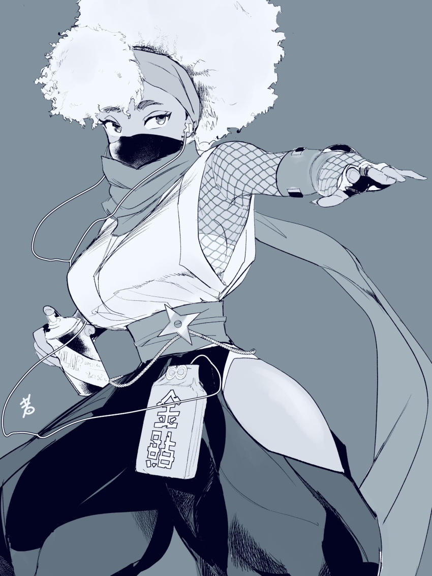 1girl, afro, baggy_pants, belt_pouch, big_hair, breasts, cable, chest_sarashi, covered_mouth, dark-skinned_female, dark_skin, earphones, earphones, fingerless_gloves, fishnet_top, fishnets, gloves, headband, highres, hip_vent, hiroshi_mono, holding, kimberly_jackson, kunai, long_sleeves, mask, medium_breasts, medium_hair, monochrome, mouth_mask, narrow_waist, ninja, official_alternate_costume, pants, pouch, sarashi, sash, scarf, shirt, shirt_under_shirt, sideboob, sleeveless, sleeveless_shirt, solo, spray_can, street_fighter, street_fighter_6, tented_shirt, thighs, very_dark_skin, weapon