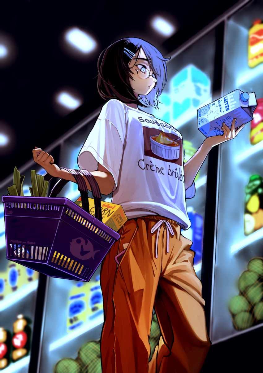1girl, absurdres, bag, baggy_clothes, black_hair, blue_eyes, breasts, casual