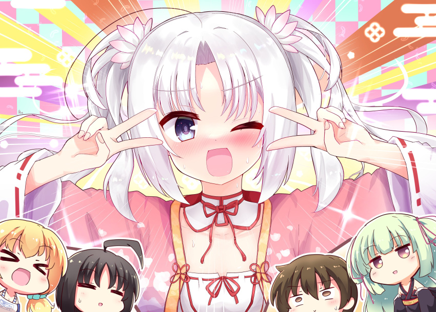 >_<, 1boy, 4girls, ;d, =_=, @_@, absurdres, ahoge