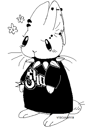 animal, animal_focus, collar, ear_piercing, earrings, english_commentary, flower, ghost_(band), greyscale, jewelry, lowres, monochrome, no_humans, original, piercing, print_shirt, rabbit, shirt, spiked_collar, spikes, t-shirt, viscuvania