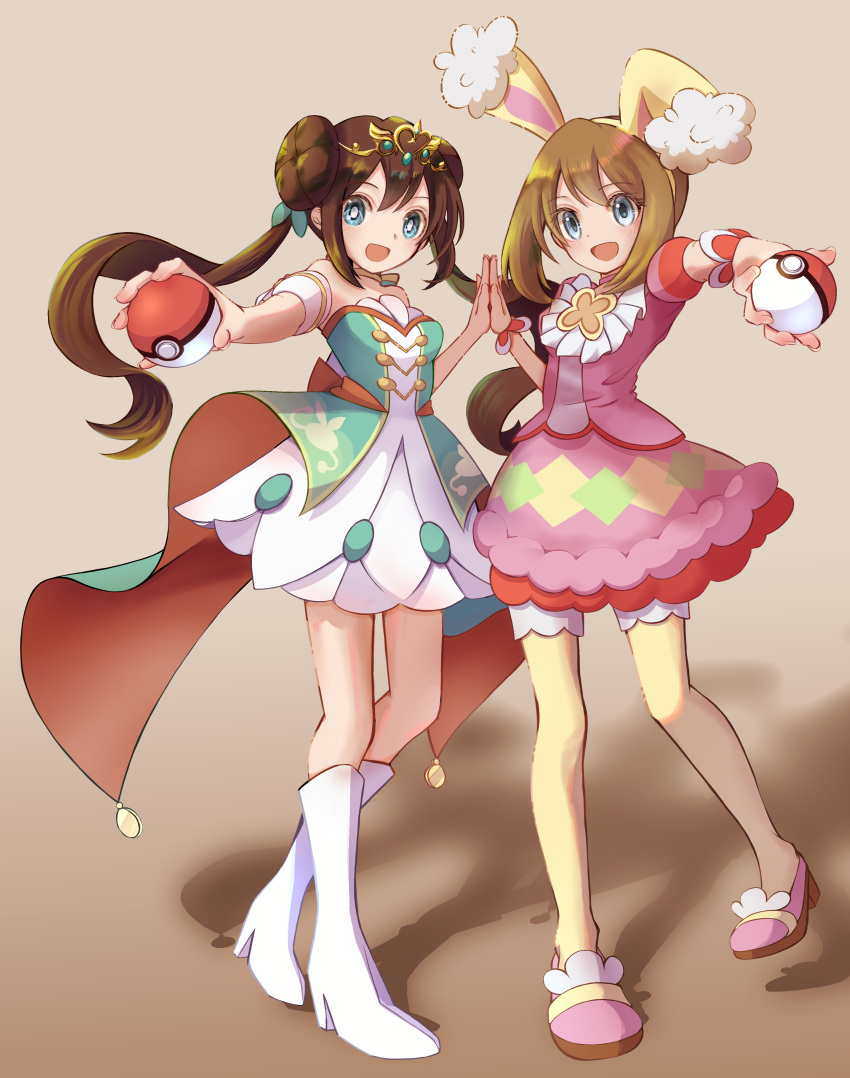 2girls, :d, absurdres, animal_ears, bare_shoulders, blue_eyes, brown_hair, double_bun