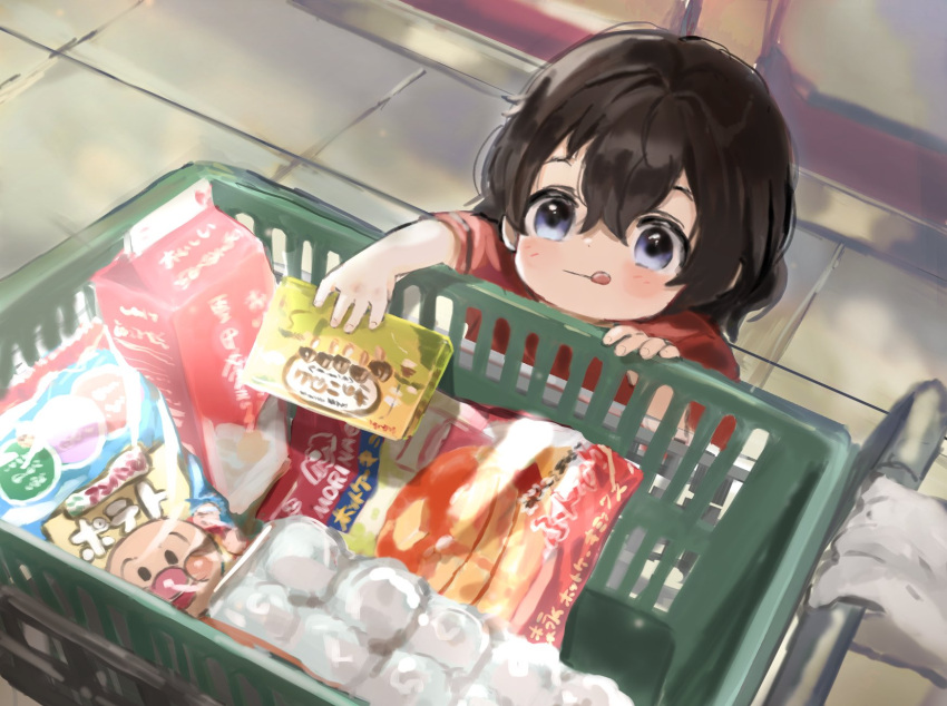 1girl, :d, aged_down, anpanman_(character), black_hair, blue_eyes, blush, child