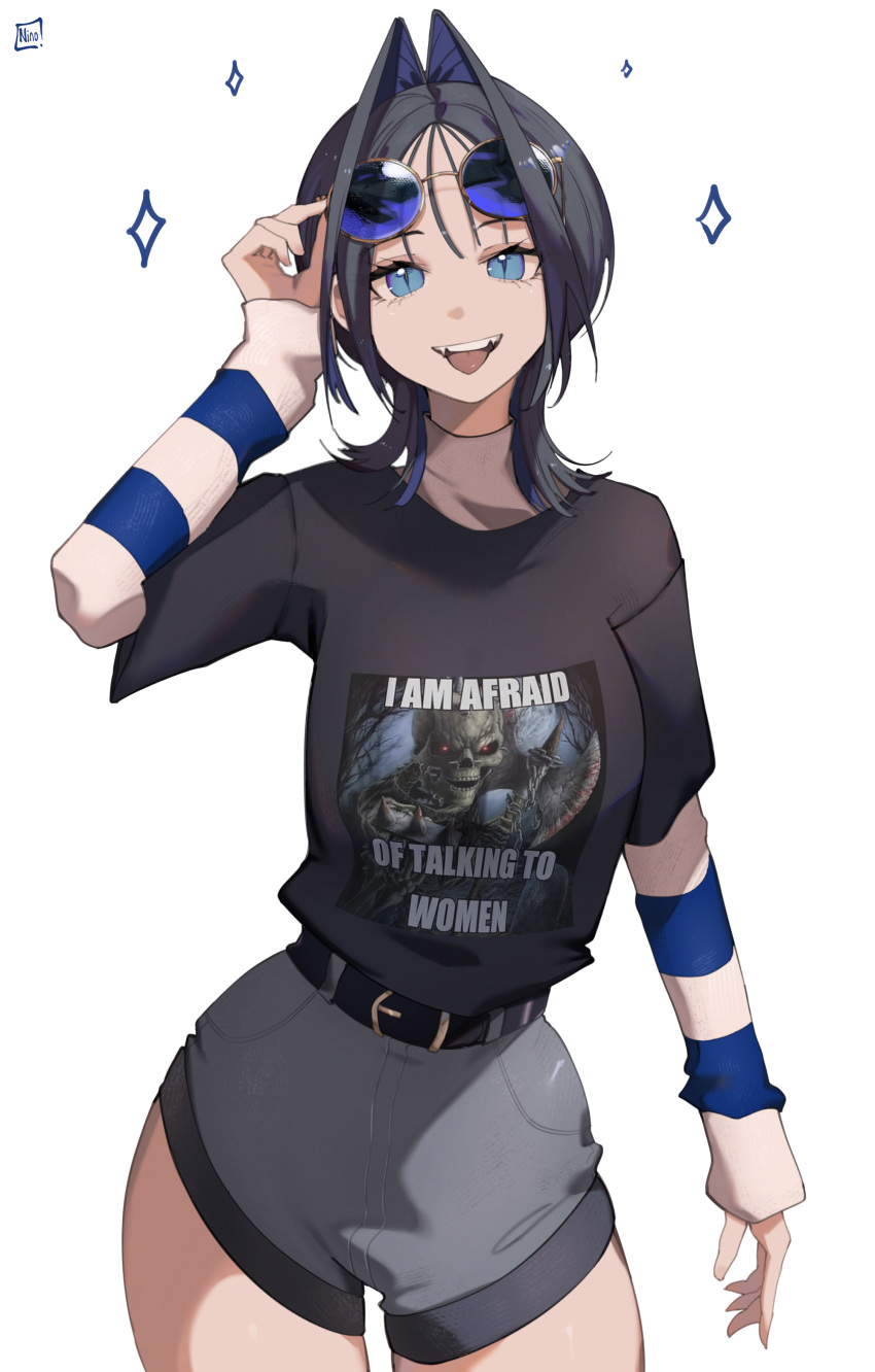 1girl, absurdres, alternate_costume, belt, blue_eyes, blue_hair, english_commentary, english_text