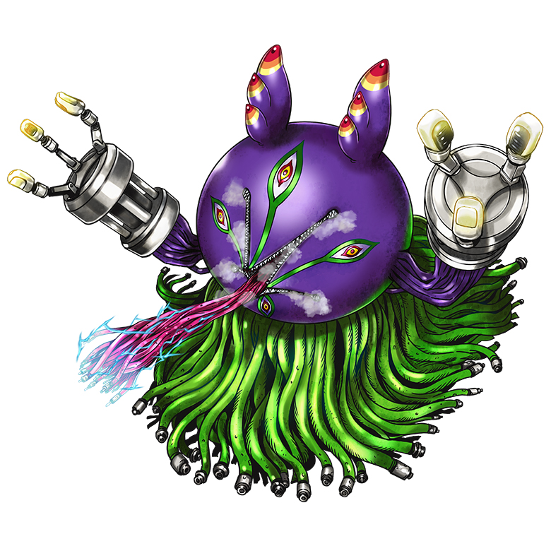algomon_adult, antennae, cable, colored_sclera, digimon, digimon_(creature), extra_eyes, metal_gloves