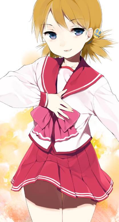 blonde_hair, blue_eyes, bow, hair_ornament, hand_on_chest, hand_on_own_chest, onomaru, pleated_skirt