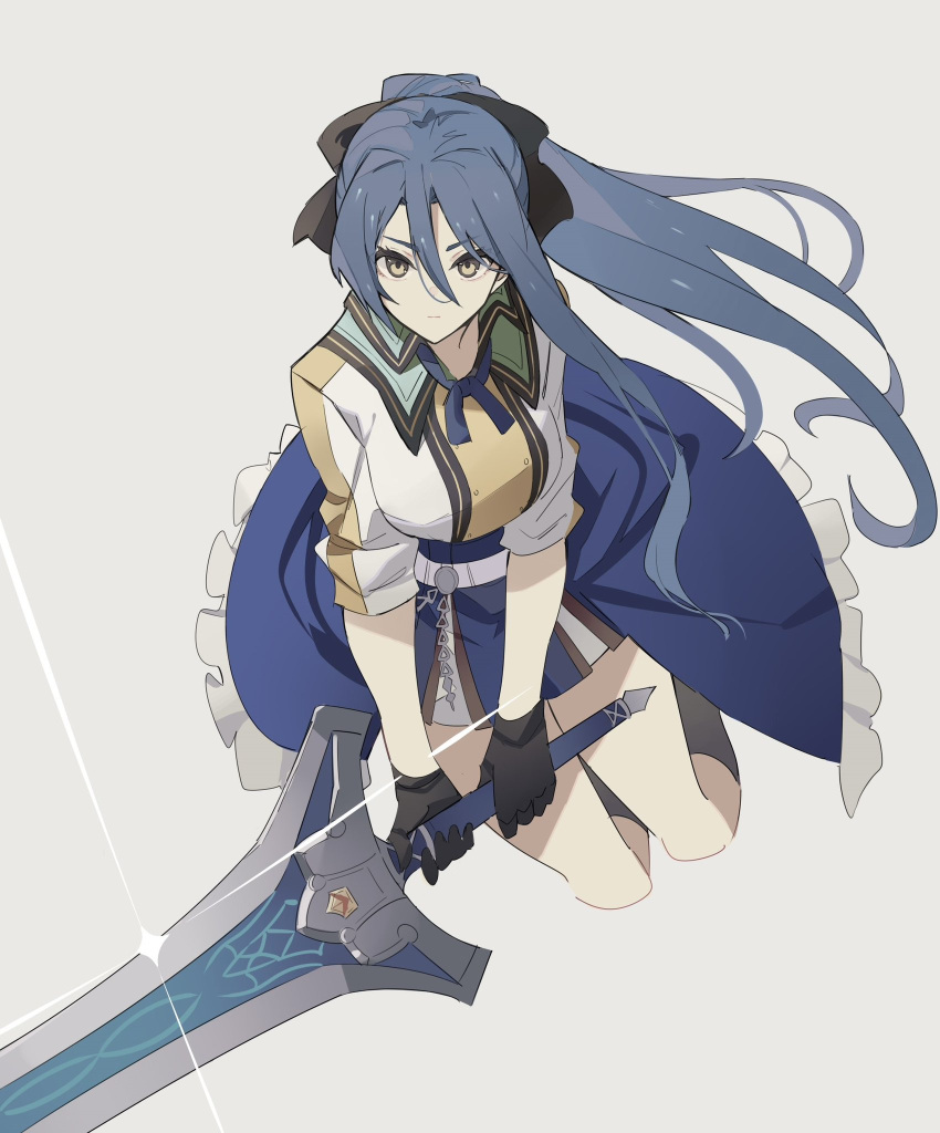1girl, :|, belt, black_bow, black_gloves, black_socks, blue_hair, blue_ribbon