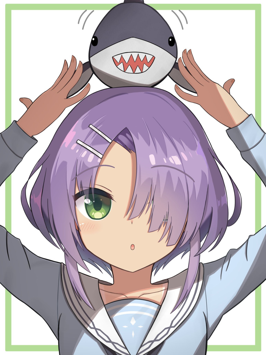 1girl, :o, aqua_shirt, arms_up, blush, cafe_stella_to_shinigami_no_chou, collarbone, commentary