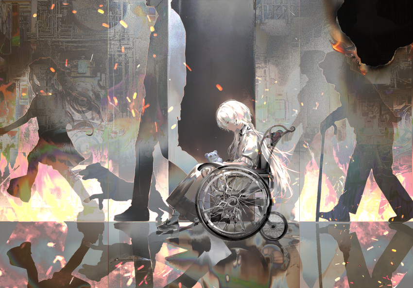 1girl, 4others, black_bow, black_footwear, black_skirt, bow, burning, chinese_commentary