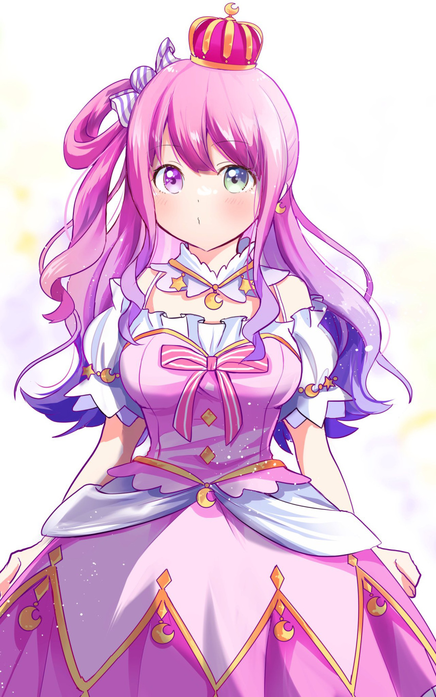 1girl, bow, candy_hair_ornament, crescent, crescent_earrings, crescent_necklace, crown, detached_collar, dress, earrings, food-themed_hair_ornament, frilled_dress, frills, gradient_hair, green_eyes, hair_ornament, heterochromia, highres, himemori_luna, himemori_luna_(1st_costume), hololive, jewelry, long_hair, multicolored_hair, necklace, o3o, off-shoulder_dress, off_shoulder, pink_bow, pink_dress, pink_hair, pink_skirt, puffy_short_sleeves, puffy_sleeves, purple_hair, rabusenn, short_sleeves, simple_background, skirt, solo, standing, star_(symbol), star_necklace, violet_eyes, virtual_youtuber, wavy_hair, white_background