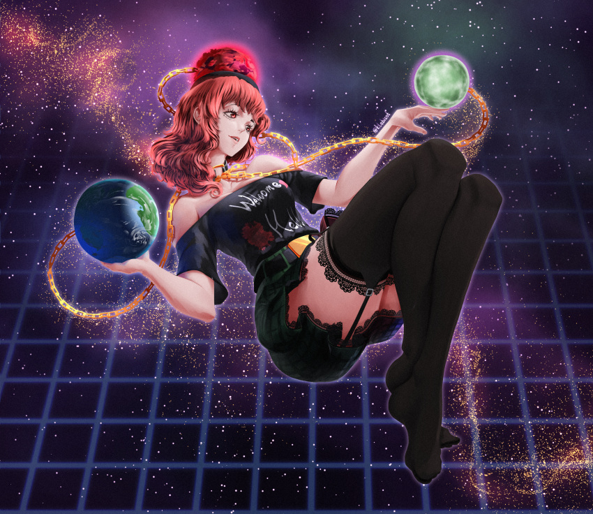 1girl, absurdres, belt, black_shirt, black_thighhighs, chain, clothes_writing, earth_(ornament)