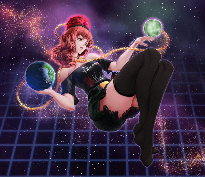 1girl, absurdres, belt, black_shirt, black_thighhighs, chain, clothes_writing, earth_(ornament)