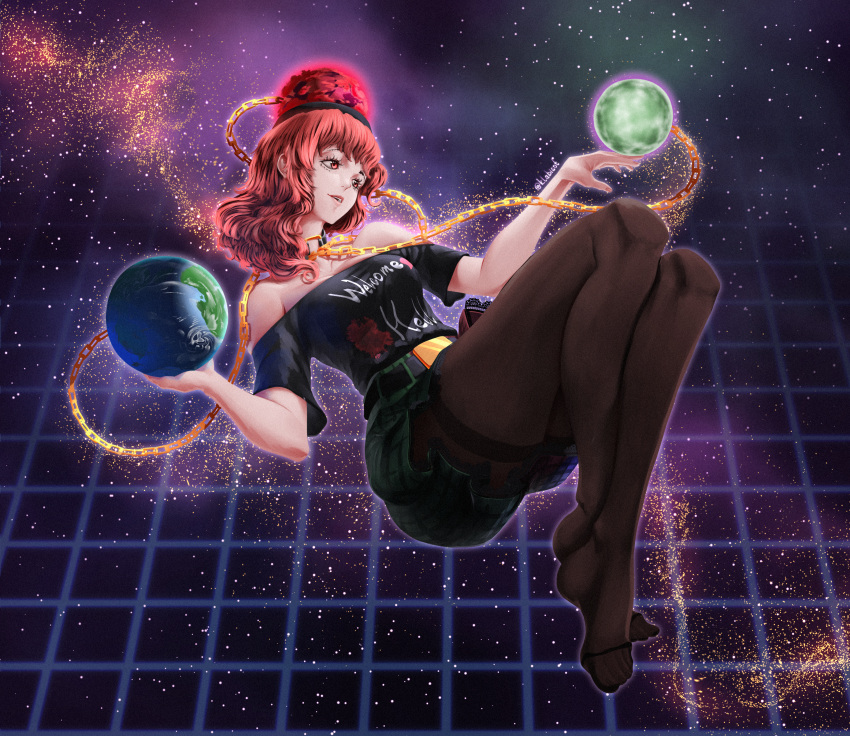 1girl, absurdres, belt, black_pantyhose, black_shirt, chain, clothes_writing, earth_(ornament)