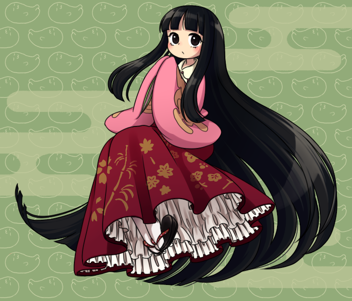 aramaki_scaltinof, black_eyes, black_hair, clog_sandals, floating, frills, geta, hands_in_sleeves, hime_cut, houraisan_kaguya, japanese_clothes, layered_skirt, long_hair, long_skirt, pentagon, skirt, sleeves_past_wrists, solo, tabi, touhou, very_long_hair