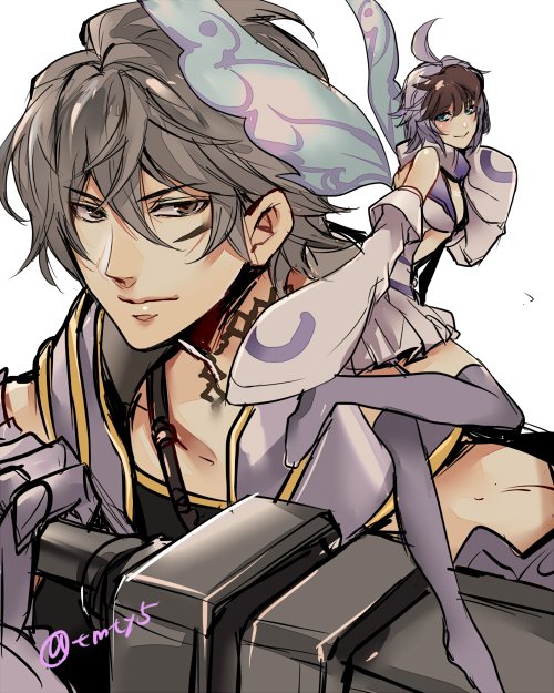 1boy, 1girl, ahoge, armor, black_shirt, blush, brown_eyes, brown_hair