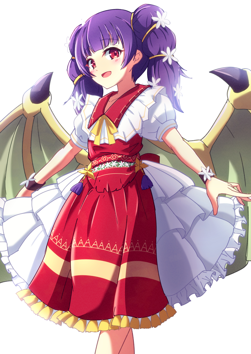 1girl, :d, blunt_bangs, blush, commentary, cowboy_shot, dragon_girl, dragon_wings, dress, fire_emblem, fire_emblem:_the_sacred_stones, fire_emblem_heroes, flower, hair_flower, hair_ornament, highres, layered_dress, looking_at_viewer, minamonochaba, myrrh_(fire_emblem), myrrh_(valentine)_(fire_emblem), open_mouth, puffy_short_sleeves, puffy_sleeves, purple_hair, red_dress, red_eyes, short_sleeves, smile, solo, twintails, white_background, white_dress, wings