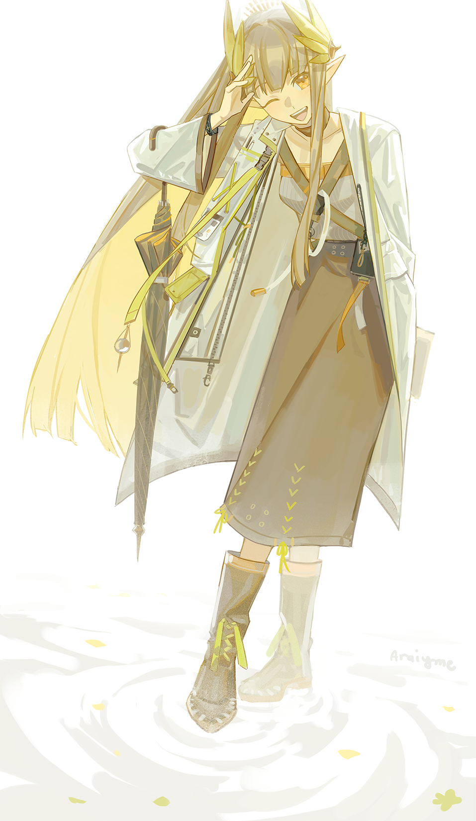 1girl, araiyme, arknights, bad_leg, blonde_hair, blunt_ends, boots, breasts