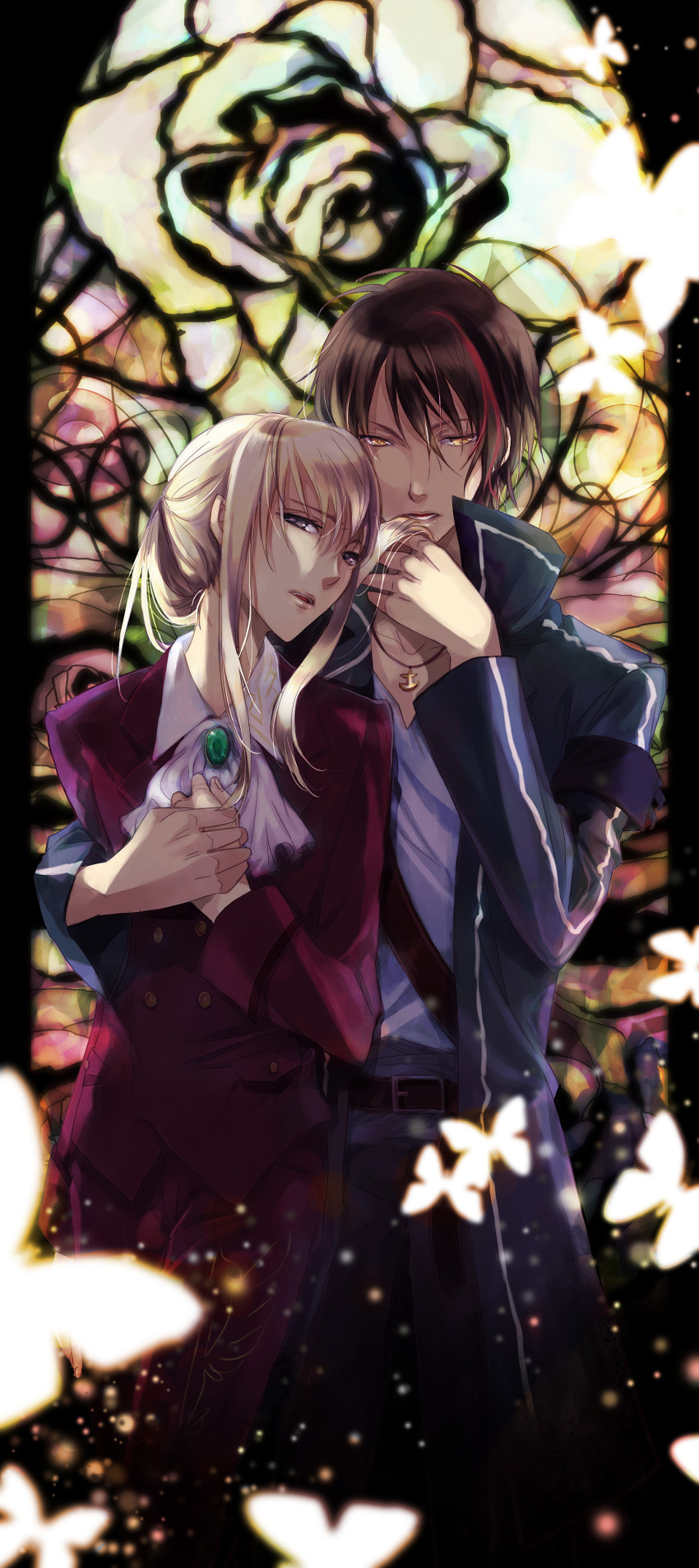 anchor, androgynous, artist_request, blonde_hair, brown_eyes, brown_hair, butterfly, formal, highres, indigo_air_saturation, long_hair, necktie, ponytail, suit, umineko_no_naku_koro_ni, ushiromiya_leon, ushiromiya_lion, willard_h_wright, yellow_eyes