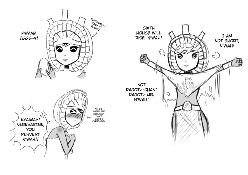 1girl, :3, adster, arms_up, blush, dagoth_ur, egg, english_text