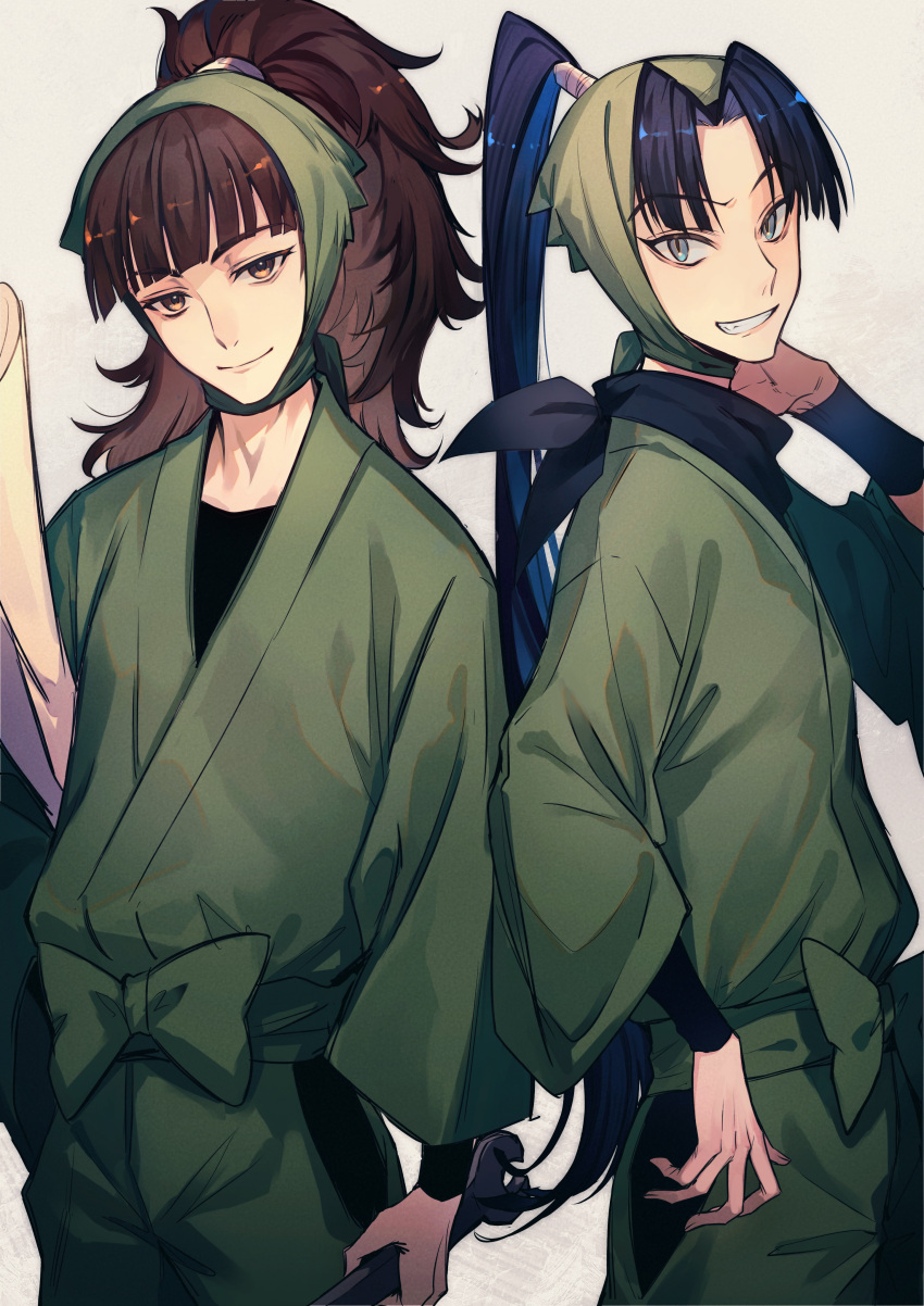 2boys, absurdres, aged_up, arm_guards, arms_at_sides, black_hair, black_scarf, blue_hair