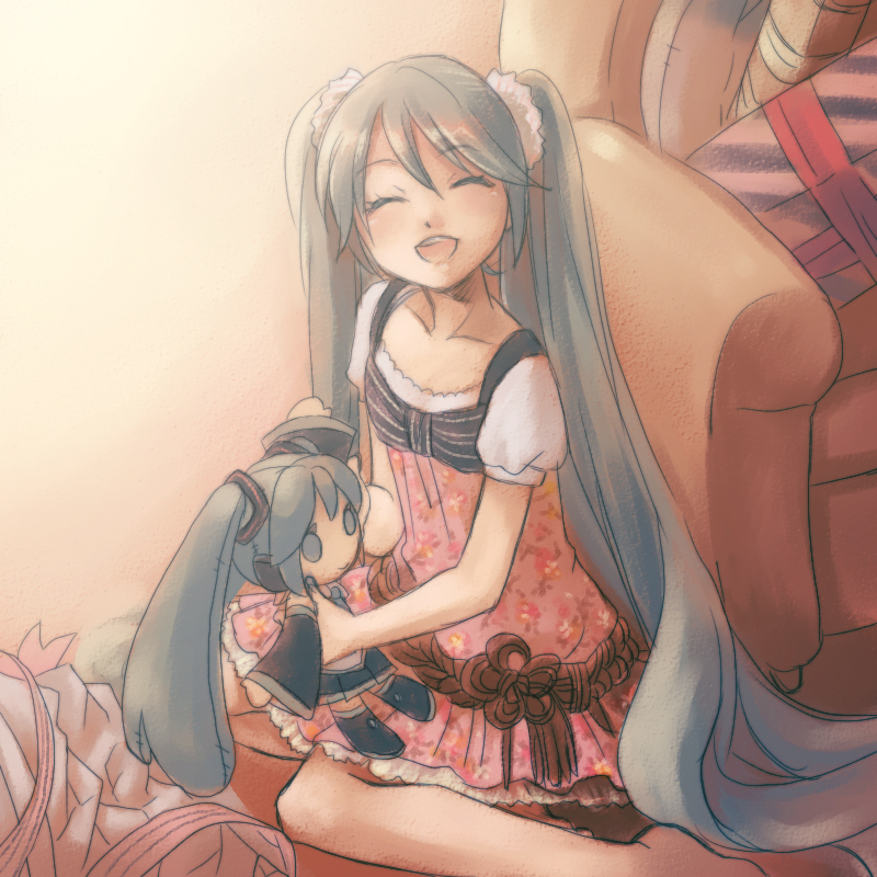 aqua_hair, cheri, closed_eyes, from_above, gift, hatsune_miku, long_hair, open_mouth, puppet, sitting, smile, solo, twintails, very_long_hair, vocaloid
