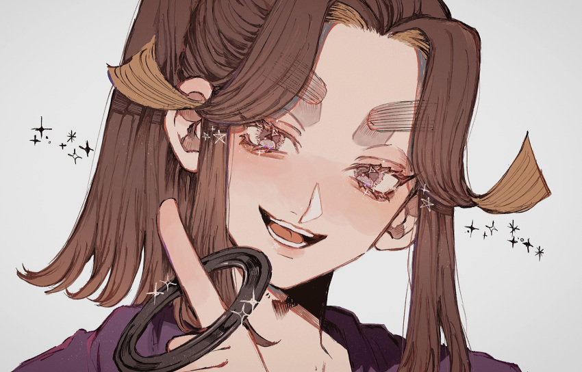 1boy, brown_hair, chakram, colored_inner_hair, hand_up, head_tilt, highres, index_finger_raised