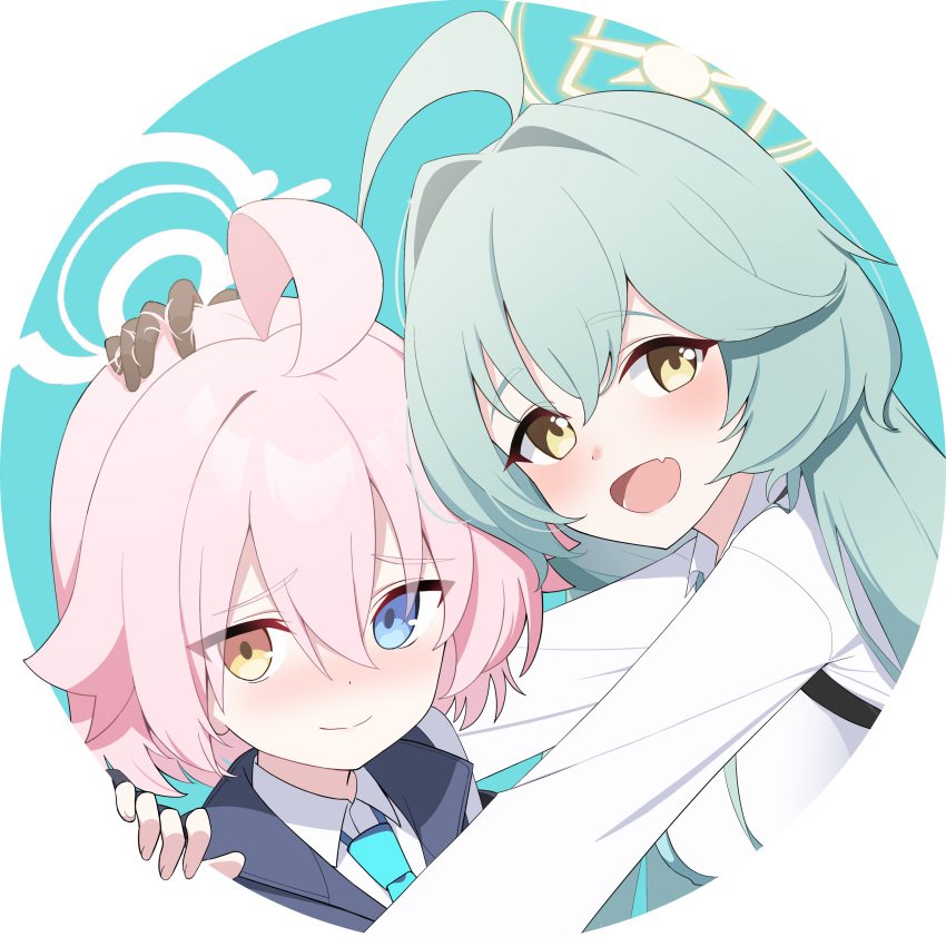 2girls, absurdres, ahoge, black_vest, blue_archive, blue_eyes, blue_necktie, blush