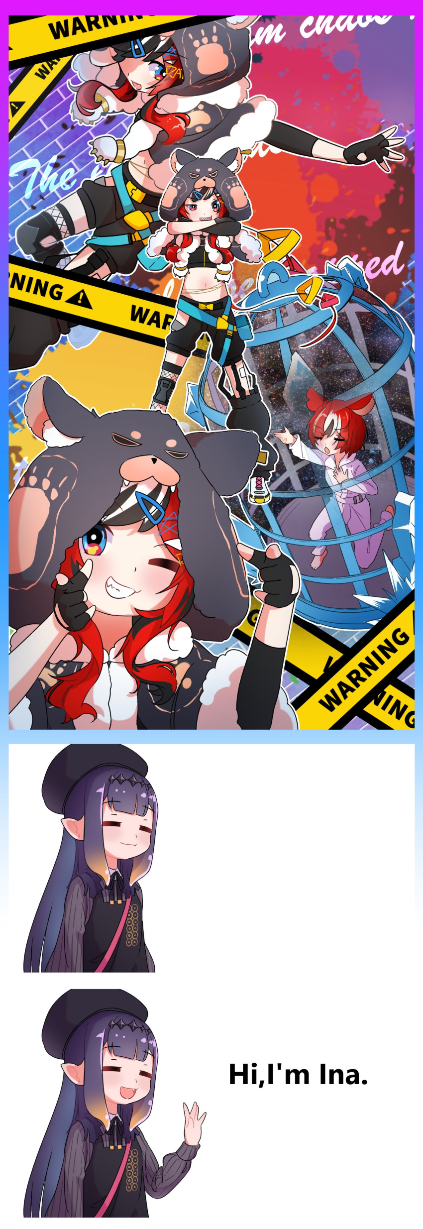 =_=, absurdres, animal_ears, beret, black_hair, blue_eyes, crop_top, crossed_arms