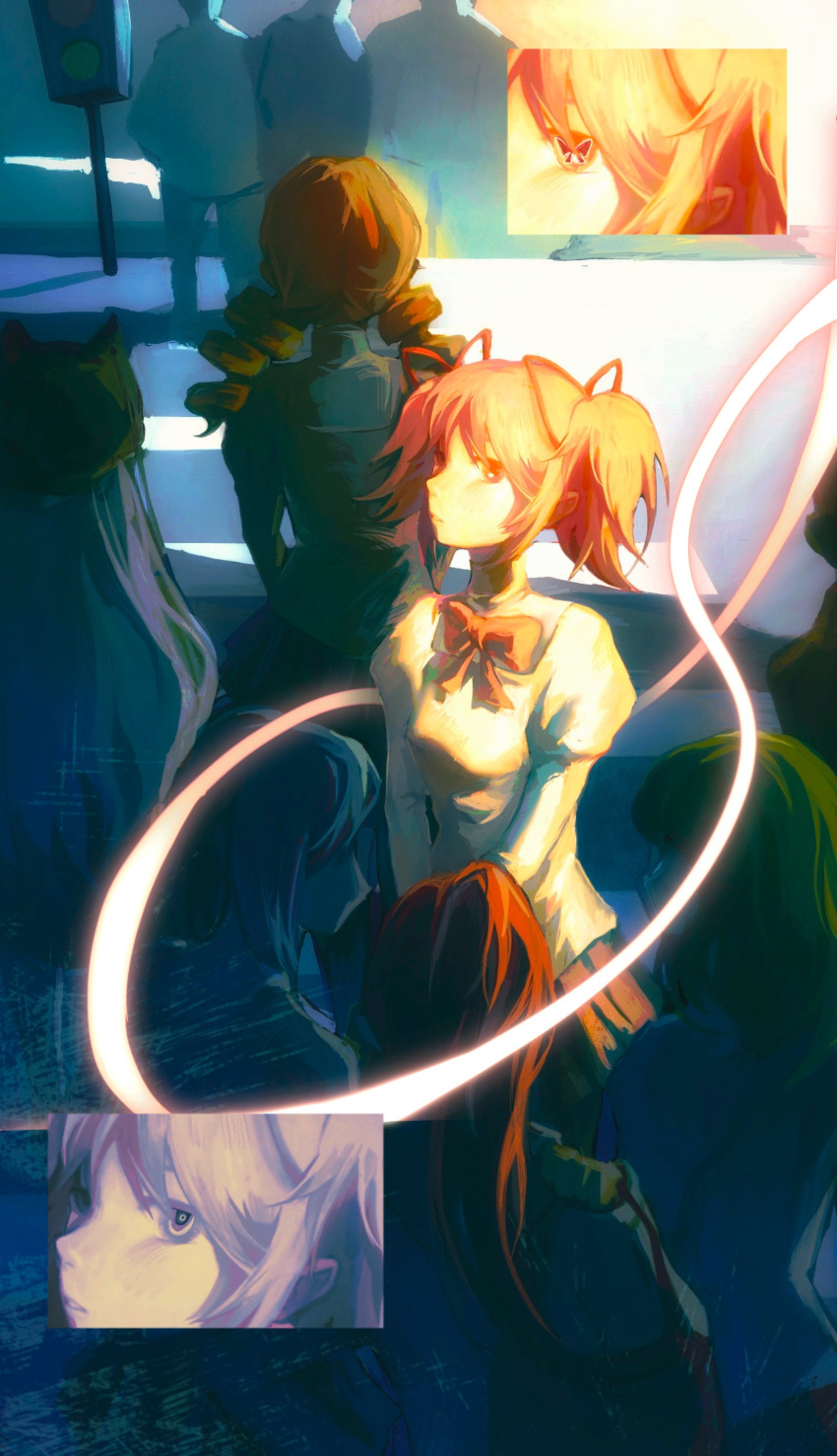 3others, 6+girls, absurdres, blonde_hair, blue_hair, bow, bow-shaped_pupils, bowtie