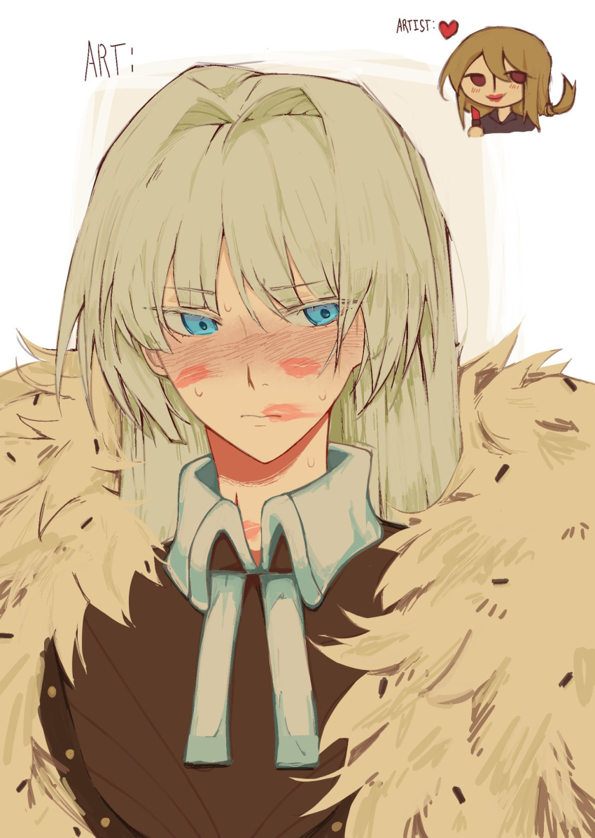 2girls, black_shirt, blue_eyes, blush, brown_hair, cape, chibi, closed_mouth, collared_shirt, commentary, cosmetics, dikke_(reverse:1999), embarrassed, english_commentary, english_text, fur-trimmed_cape, fur_trim, highres, holding, holding_lipstick_tube, lipstick_mark, lipstick_tube, long_hair, multiple_girls, red_eyes, reverse:1999, shirt, simple_background, sweat, tennant_(reverse:1999), upper_body, white_background, white_hair, yuri, zxcwnkxendsbsw