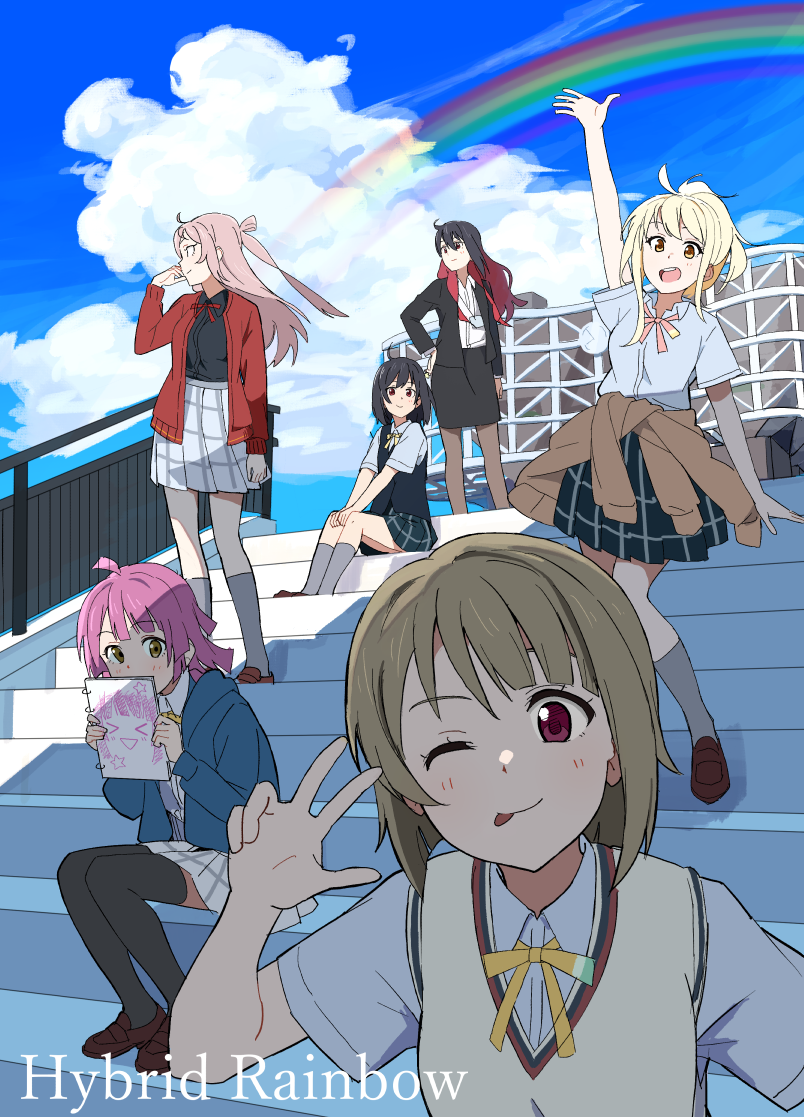 >_<, 6+girls, ;q, ahoge, arm_up, black_jacket, black_shirt, black_skirt